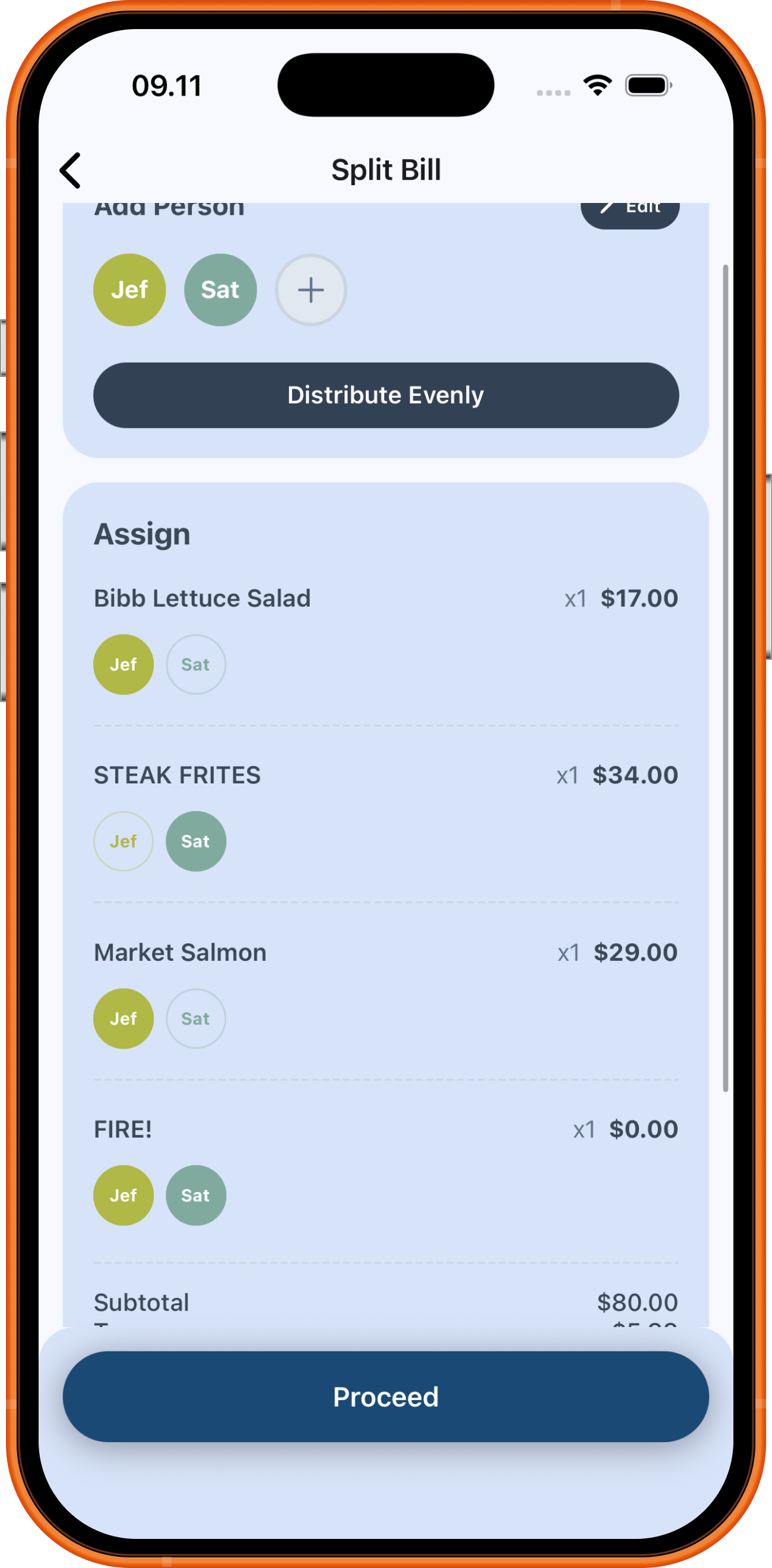 Add participants and select who pays for each item